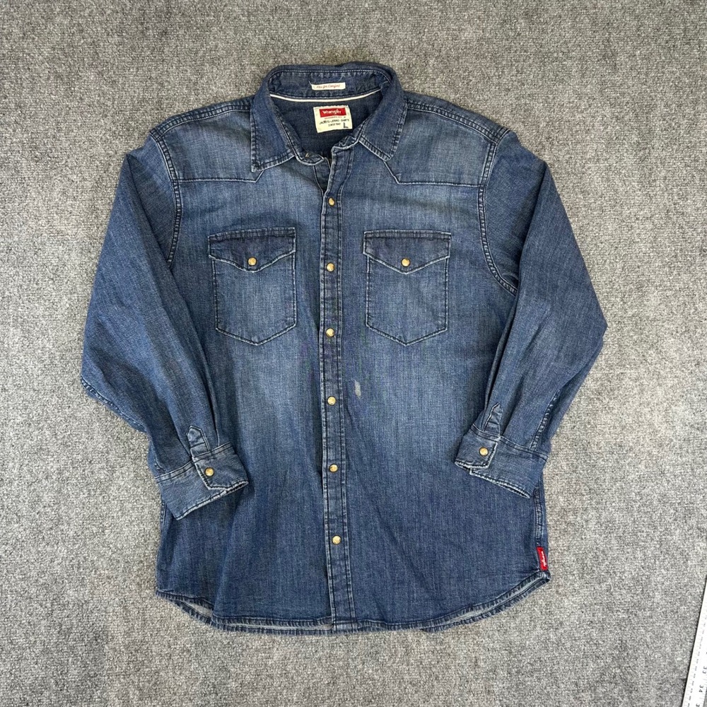 Wrangler Mens Blue Denim Western Pearl Snap Shirt Flex For Comfort Large L